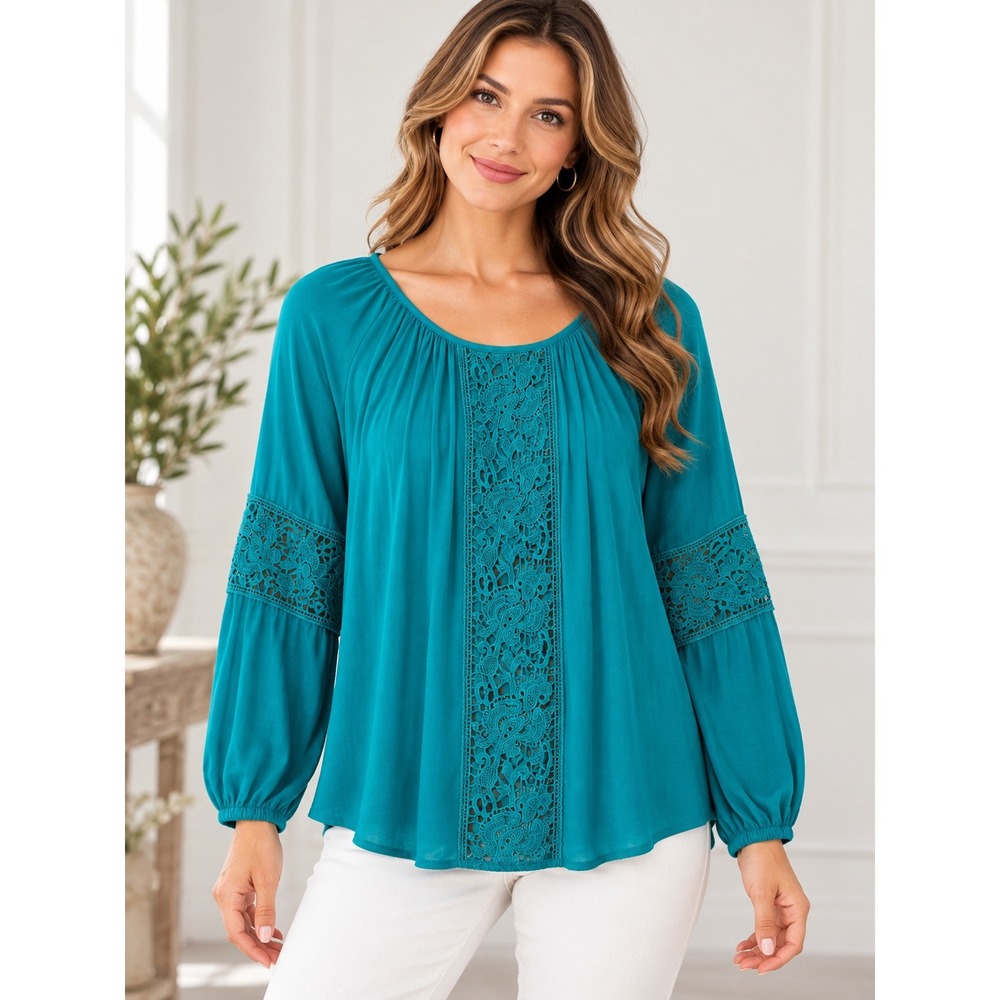 Lilly Pulitzer Teal Blue Lace Inset Boho Peasant Blouse Top Size Small